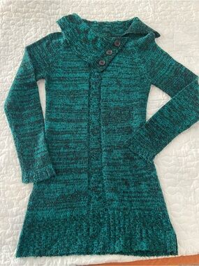 Marled Teal Button-Collar Knit Tunic Sweater
